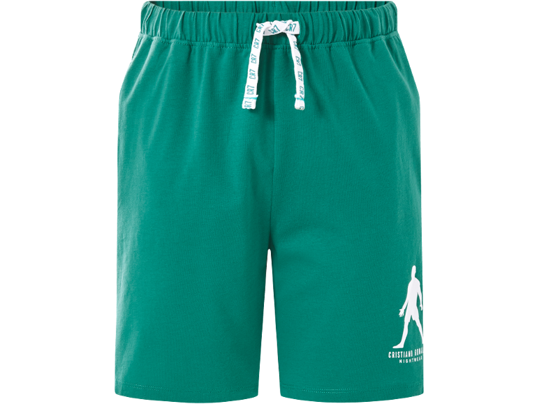 Green pajama shorts with white drawstring with repeated text and man's silhouette.