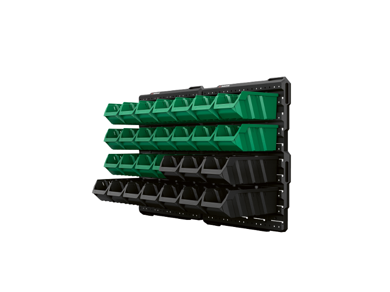 PARKSIDE wall shelf with green and black storage bins