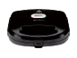 Black sandwich maker with red and green indicator lights and a hot surface warning.