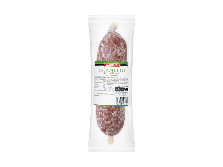 Vacuum-packed Milanese-style salami with nutritional information and a barcode.