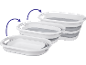 Three white and grey collapsible baskets, decreasing in size, with arrows indicating folding.