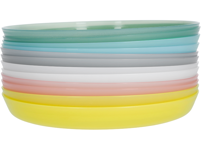 Stack of pastel-colored plastic plates, including green, blue, grey, white, pink, and yellow.