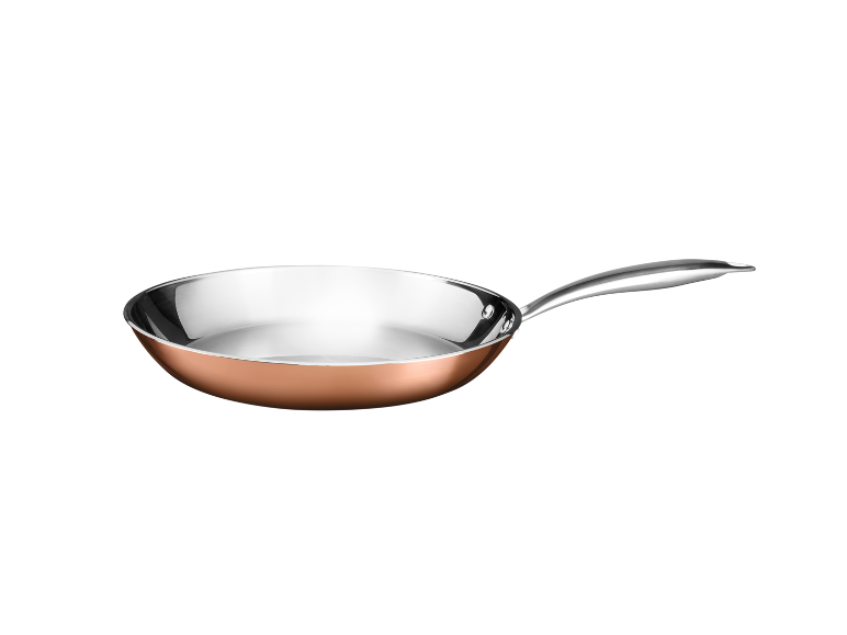 Copper frying pan with stainless steel interior and metal handle.