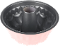 Pink bundt cake pan with a fluted interior and a central tube.