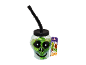 Green Halloween skull cup with a black straw and a candy tag.