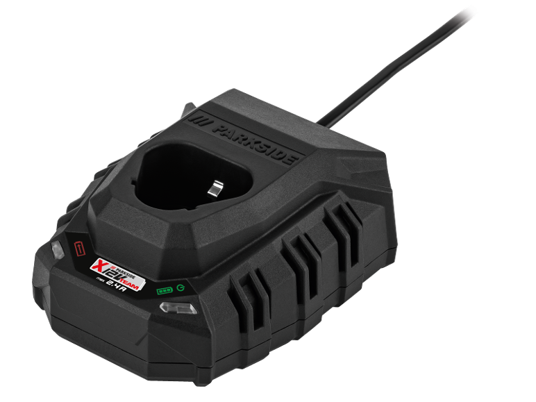 Black power tool battery charger with a cable, featuring 'X12V TEAM' and 'max 2.4A' text.