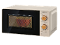 Cream-colored microwave oven with black door, wooden power and timer dials, and a retro design.