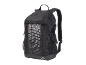 Black backpack with white dotted stripes and a logo at the bottom.