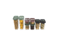 Food storage containers with spaghetti, cookies, coffee beans, pasta, and peanuts.