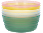 Stack of colorful plastic bowls in pastel shades of pink, yellow, cream, light blue, and green.