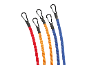 Five colorful bungee cords with carabiners in red, orange, and blue.