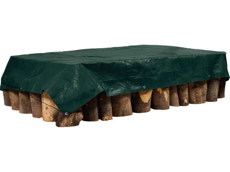 Green tarp protecting a stack of logs, secured with a rope.