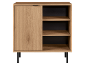 Wooden sideboard with fluted sliding door and open shelves, on black legs.