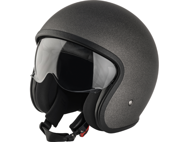 Dark grey open-face motorcycle helmet with a clear visor and black trim.