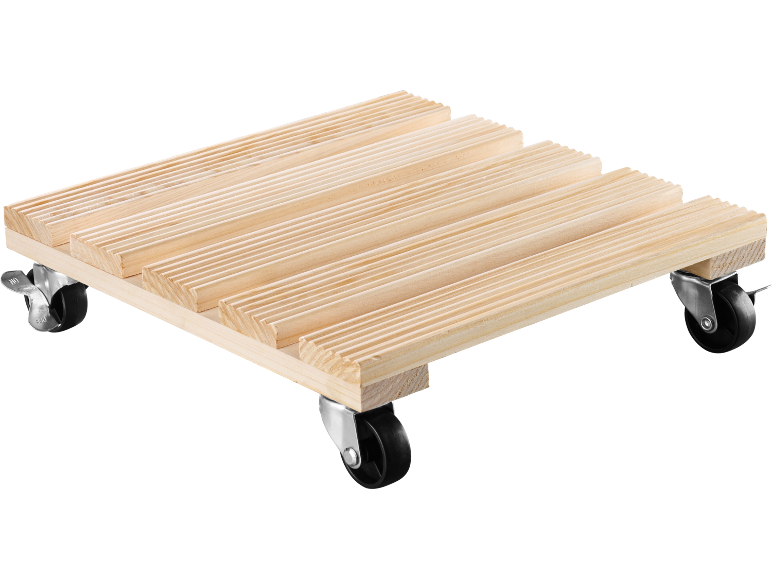Wooden plant caddy with slatted top and four caster wheels, two with brakes.