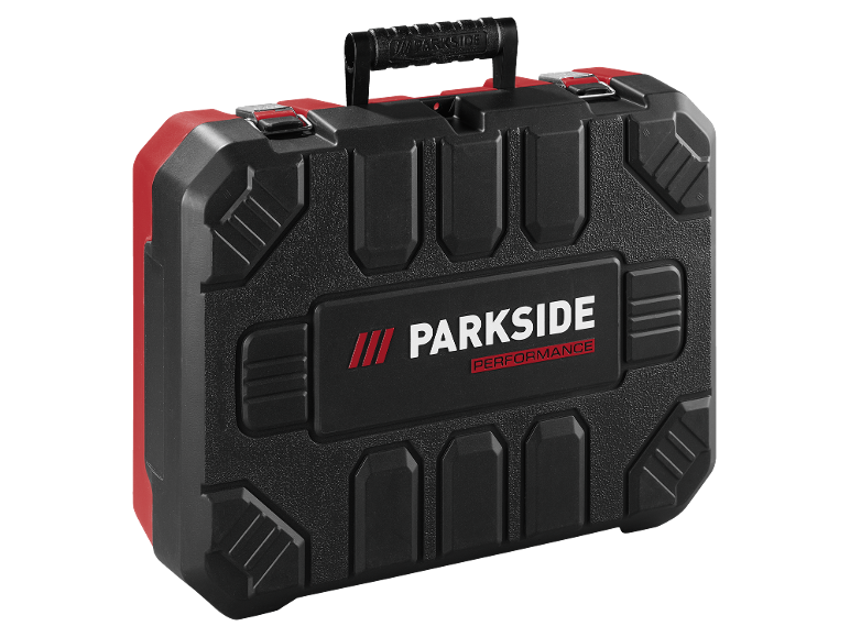 Black tool case with red accents and a handle.