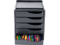 Dark grey desk organizer with four pull-out drawers filled with colorful pens.