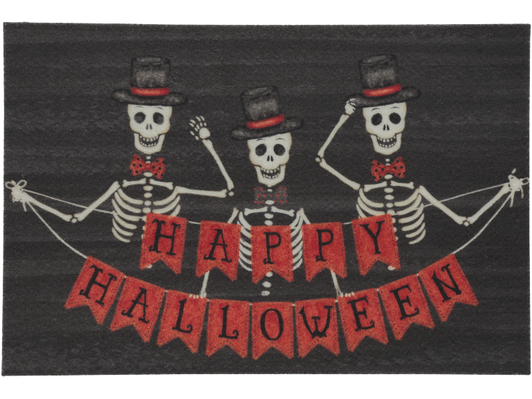 Three skeletons with top hats and red bow ties holding a 'HAPPY HALLOWEEN' banner.