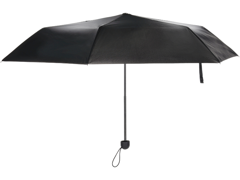 Open black umbrella with handle and cord