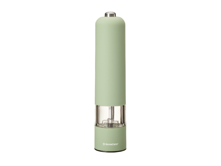 Light green electric salt or pepper grinder with a transparent section.