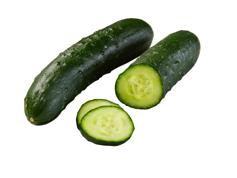 Fresh cucumbers, whole and sliced, with water droplets on a black background.