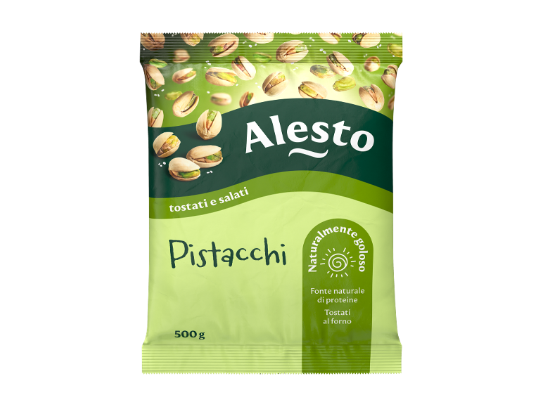 Bag of roasted and salted pistachios, naturally delicious, a source of protein.
