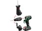 Cordless drill with interchangeable attachments for sawing, drilling, and sanding.