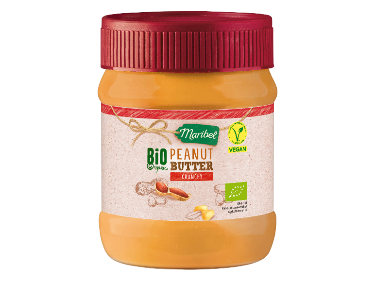 Jar of organic peanut butter with 'CRUNCHY' text and a vegan label.