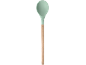Light green silicone ladle with a wooden handle.