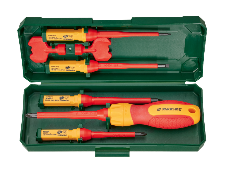 An open green case displays a set of insulated screwdrivers and a handle, rated 1000V.