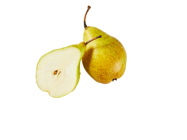 Two green pears, one whole and one cut in half, on a black background.