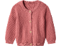 Pink knitted baby cardigan with wooden buttons.