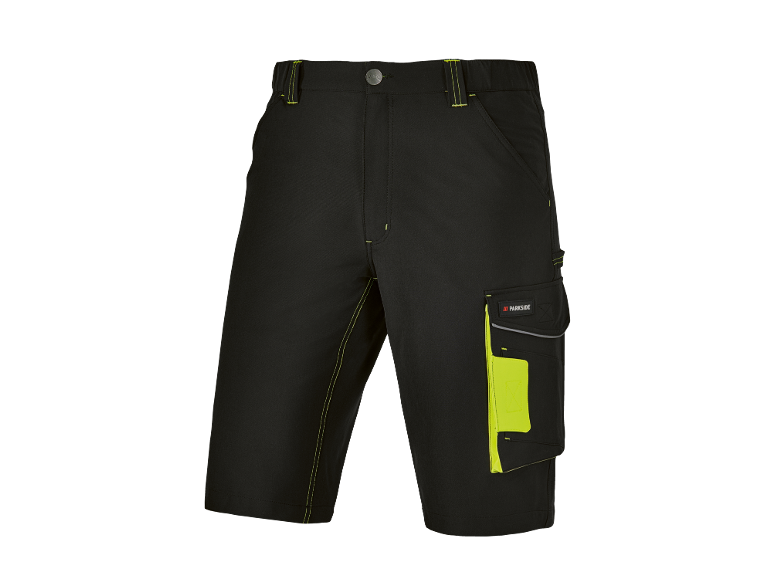Black work shorts with bright yellow stitching and pockets.