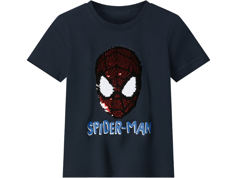 Dark blue kids' T-shirt with reversible sequins in the shape of a superhero mask and text.