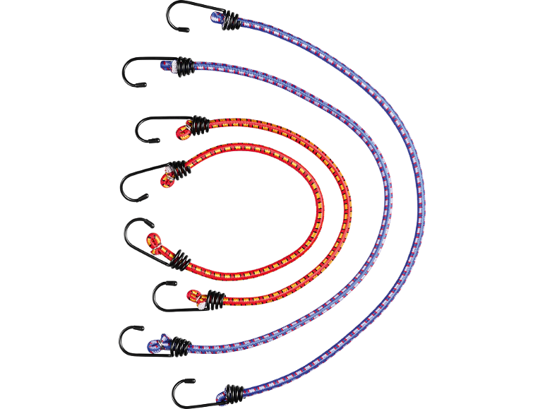 Colorful bungee cords with hooks in red, yellow, blue, and white patterns.