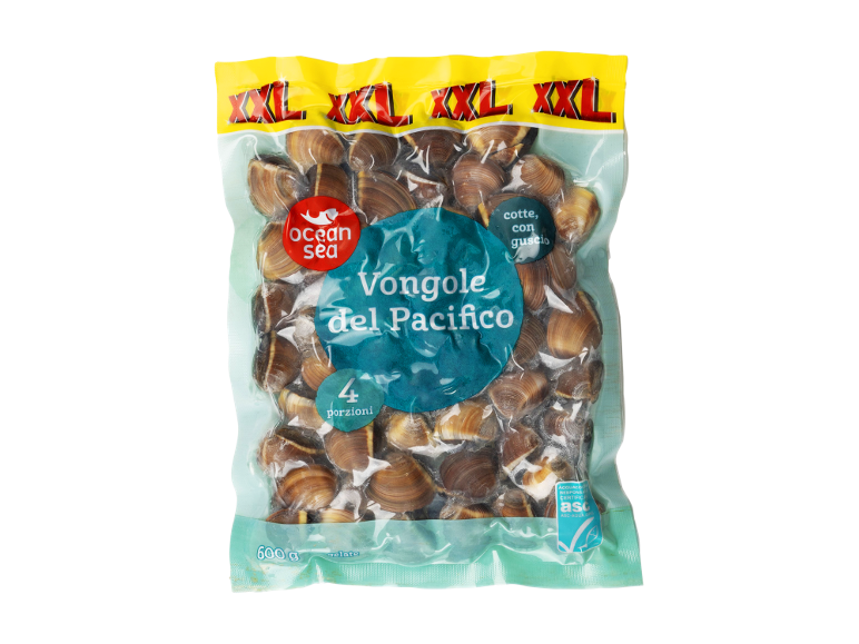 600g package of cooked Pacific clams with shell, 4 portions.