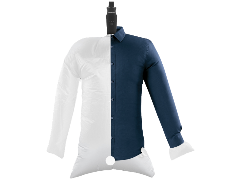 Automatic shirt ironer with a blue shirt on the right half and an inflated white shirt on the left.