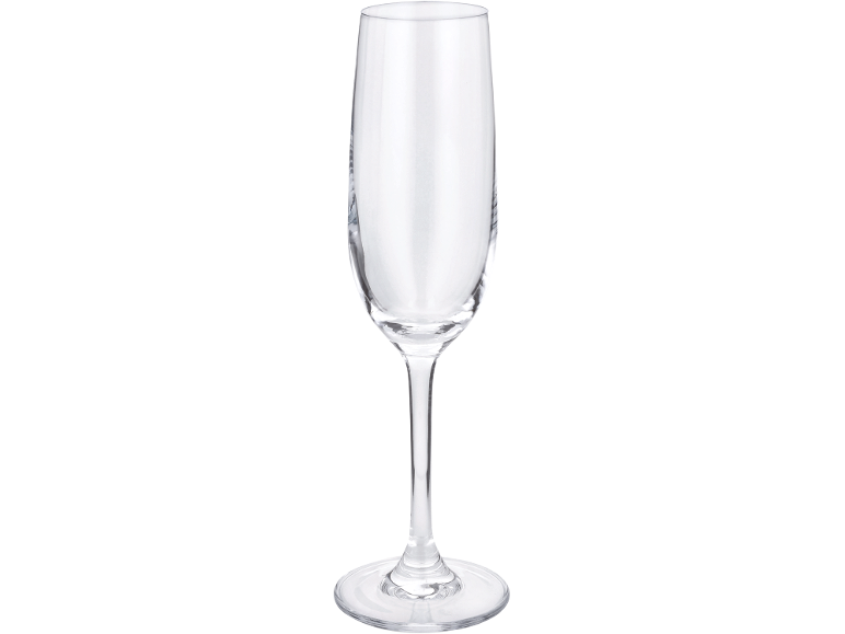 Empty, transparent wine glass on a black background.