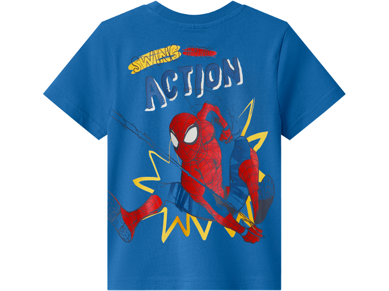Blue children's t-shirt with a superhero print swinging into action.
