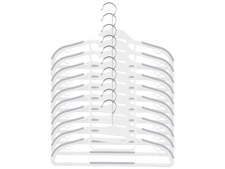 Stack of 11 white clothes hangers with metal hooks and non-slip details.