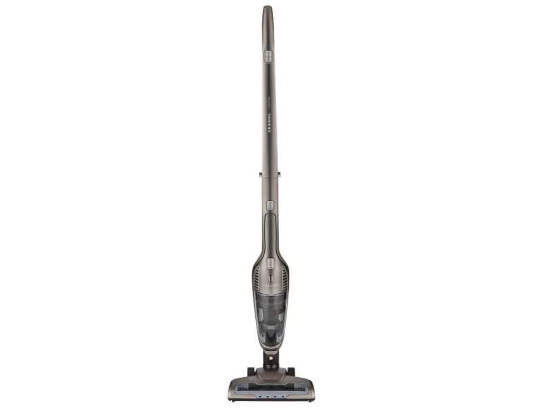 Cordless stick vacuum cleaner in metallic grey with a transparent dustbin.