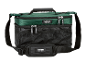 Green and black cooler bag with a shoulder strap and mesh pocket.