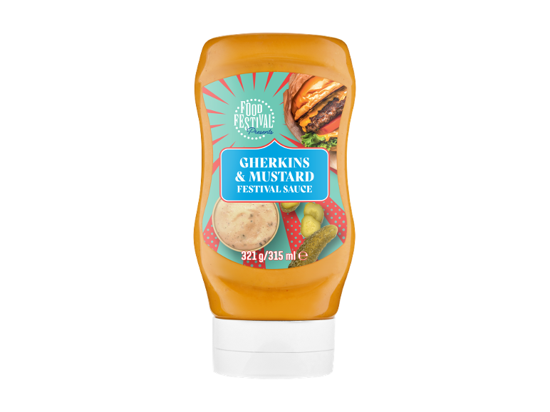 Gherkins & Mustard Festival Sauce in a squeeze bottle, with burger and sauce images.
