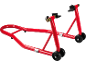 Red motorcycle stand with adjustable supports and wheels.
