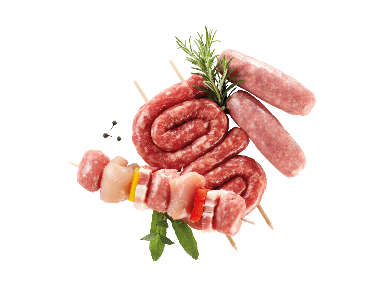 Raw meat skewers and sausages with rosemary and spices.