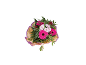 Bouquet with pink gerberas, light pink chrysanthemums, and red roses, wrapped in brown paper.