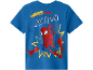 Blue children's t-shirt with a superhero print swinging into action.