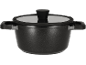 Black cooking pot with a glass lid and side handles.