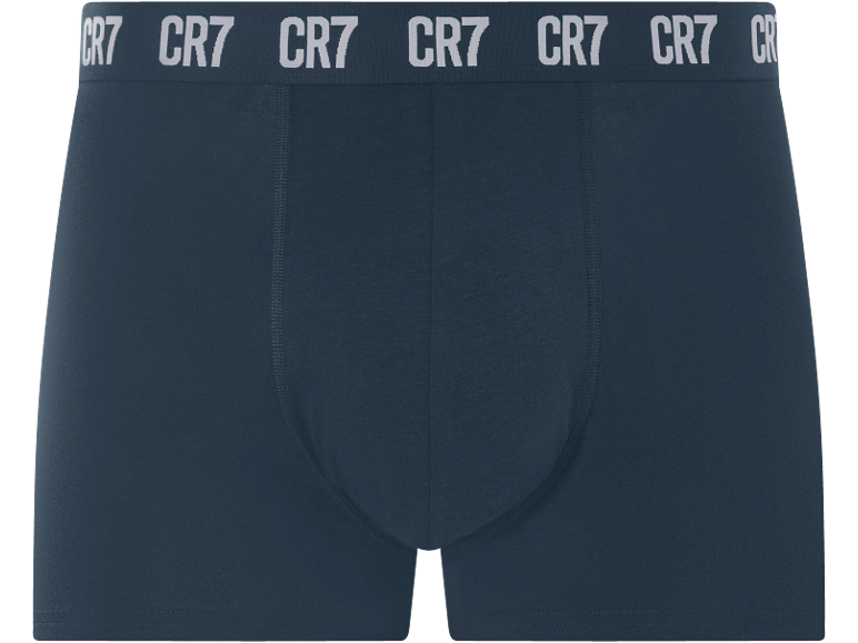 Blue boxers with elastic waistband featuring repeated text.