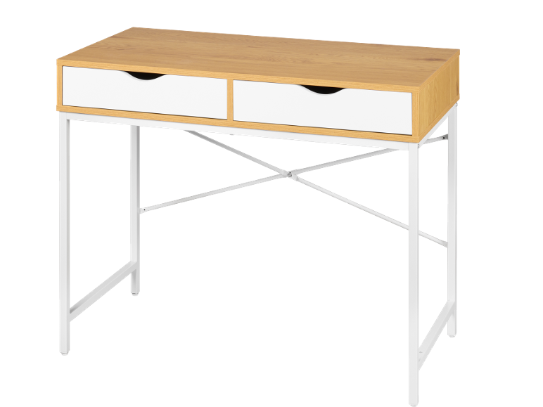 Desk with two white drawers and a wooden top on a white metal frame.